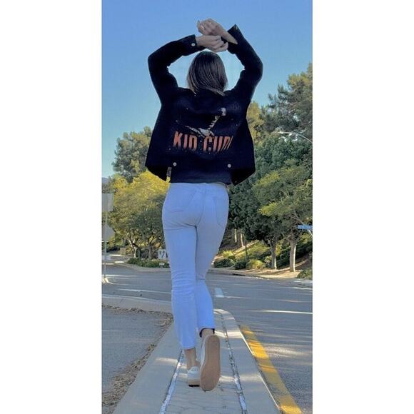 KID CUDI Upcycled Retro Vintage Hip Hop Rap Patched Black Denim Jacket Size M - Picture 2 of 13